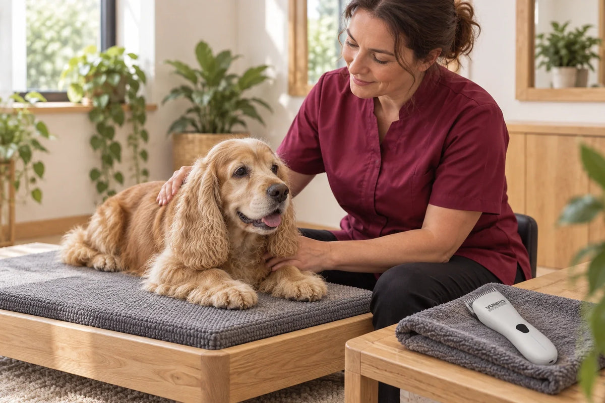 Attentive groomer beside a comfortably resting mature spaniel, with a switched-off VUNRO D-Series clipper on a separate towel