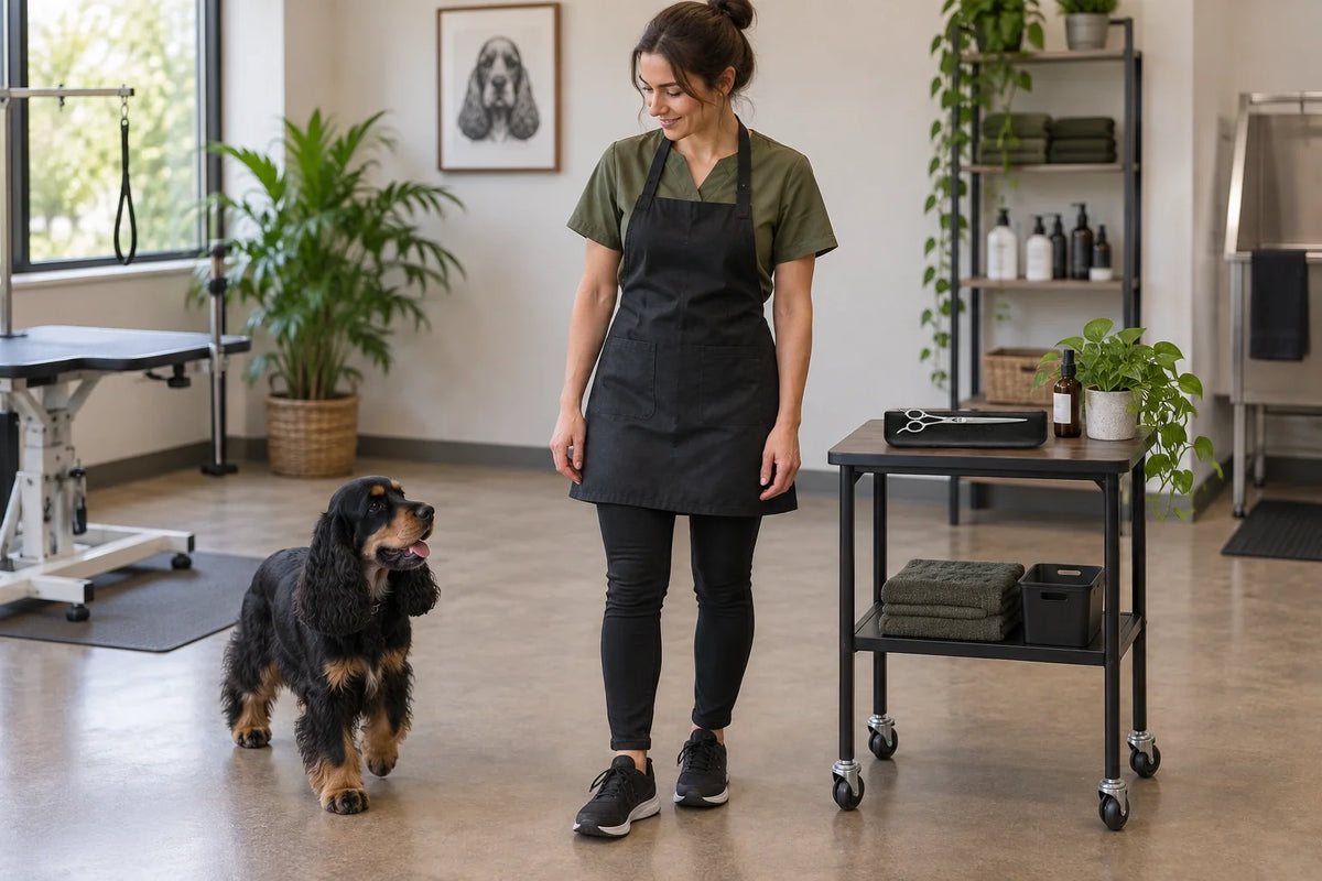 Groomer observing a Cocker Spaniel's natural movement beside a waist-height trolley holding closed VUNRO curved scissors