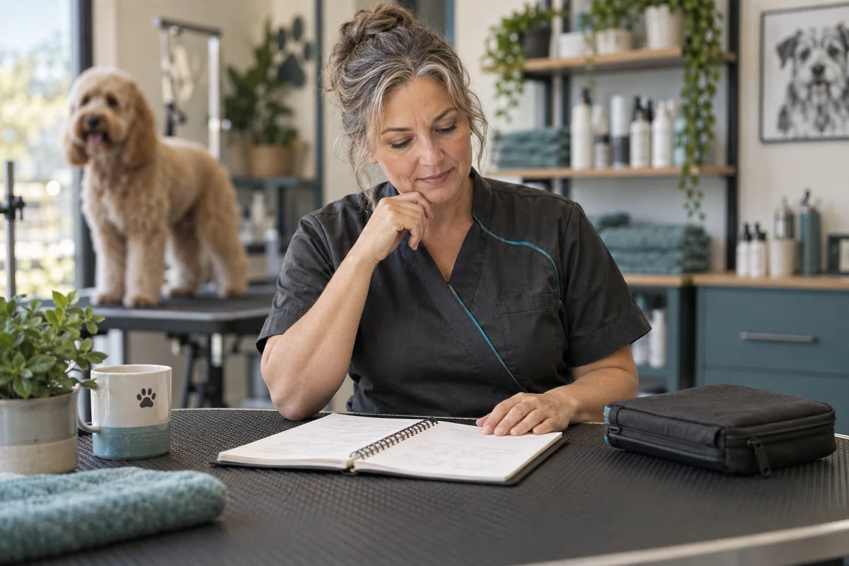 Groomer planning tool choices in a notebook beside a closed equipment pouch.