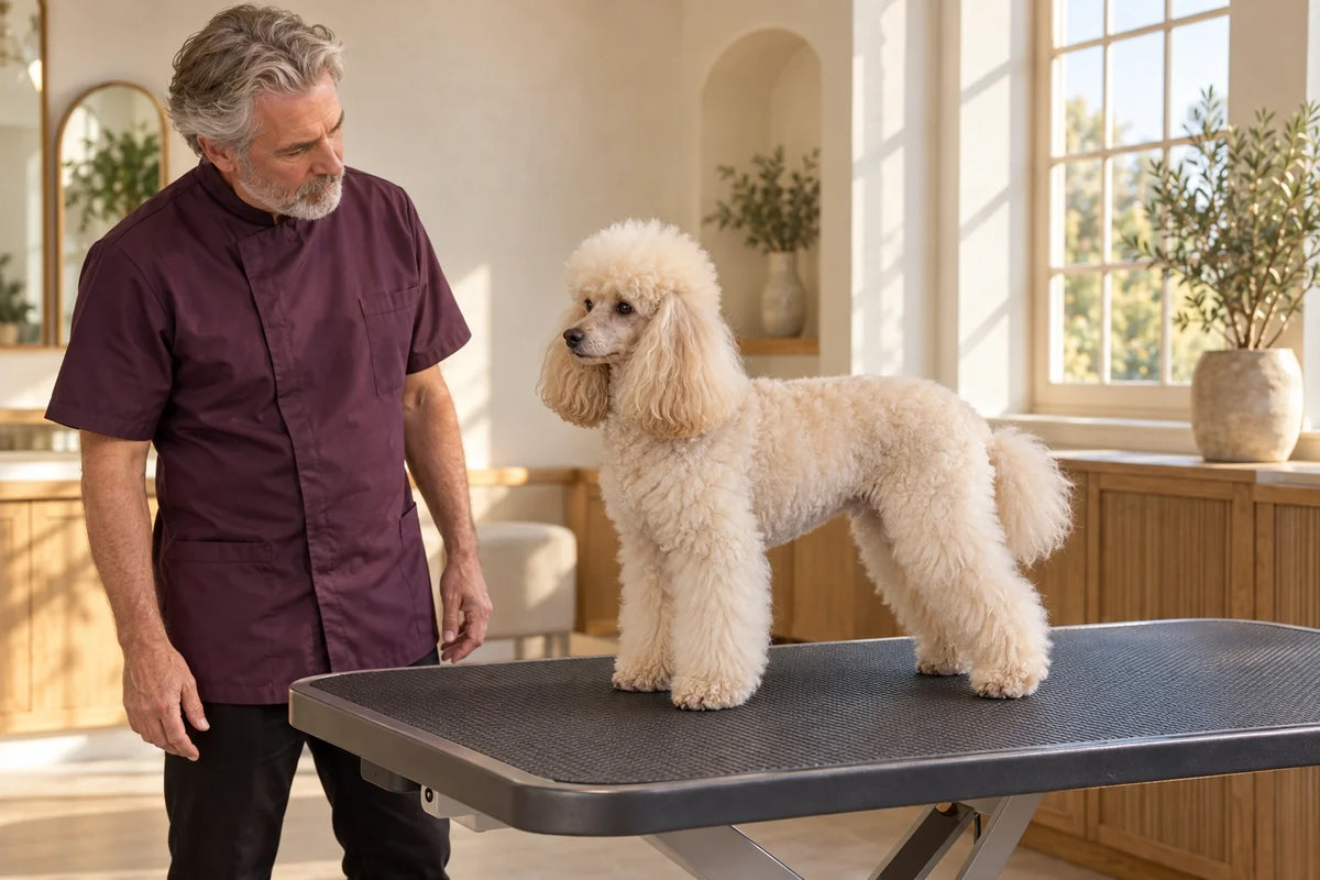 Experienced groomer assessing the leg furnishings of a calmly standing poodle, with no cutting tools in use